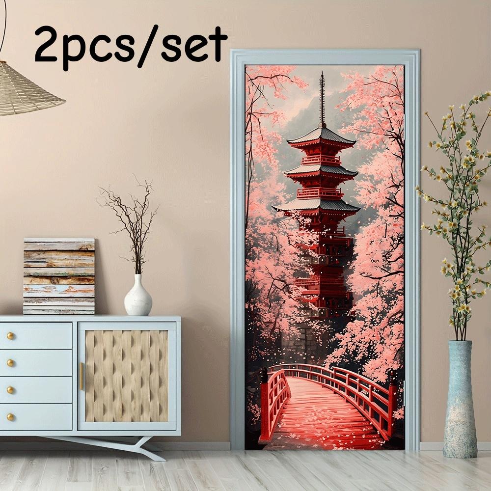 

2pcs Japanese traditional red pagoda cherry blossom bridge wall stickers, removable vinyl stickers, living room bedroom home dec (as the picture,38.5x200cmx2)