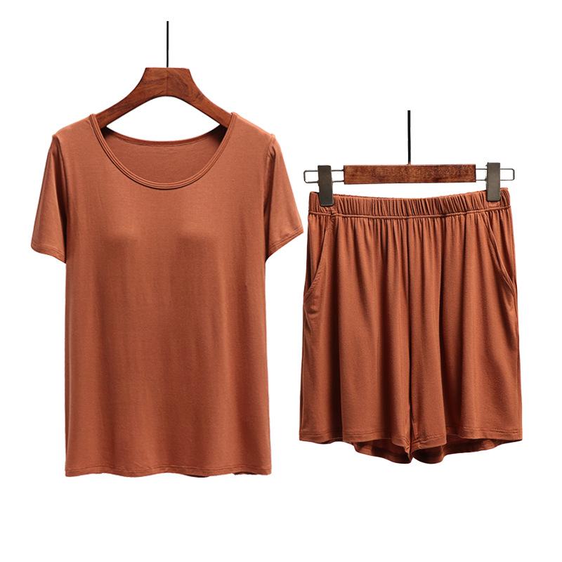 Women's Modal Chest Pad Short Sleeve Pajama Set - Summer Five-Point Shorts