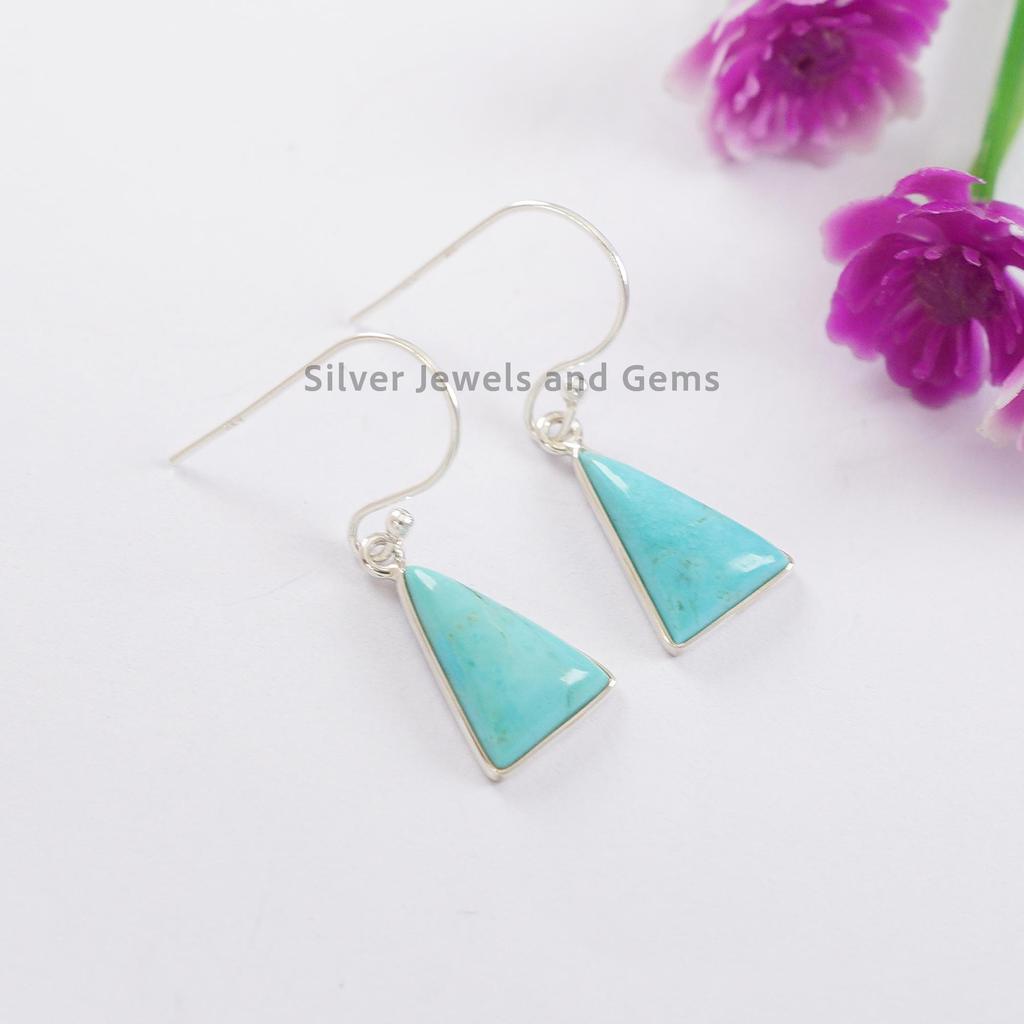 Natural Turquoise Earrings, Bezel Earrings, 925 Sterling Silver Triangle Earrings, Gift for Sister, Light Weight Earring