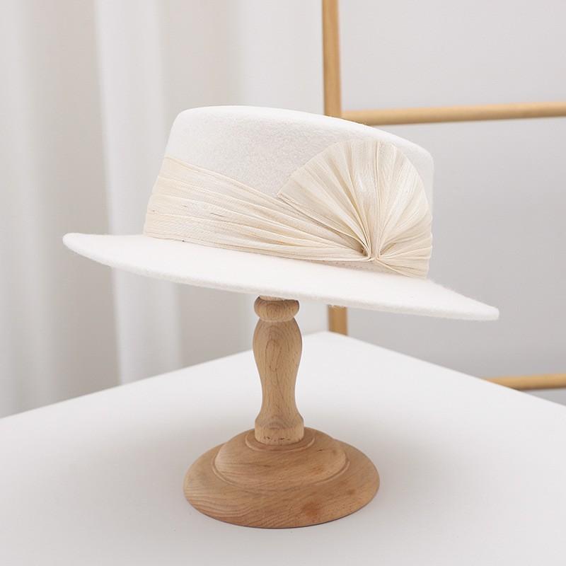 Womens Wool Flat Top Hat Winter Warm Short Brim Fedora Vintage British Style Elegant Silk-Linen Trimmed Cap