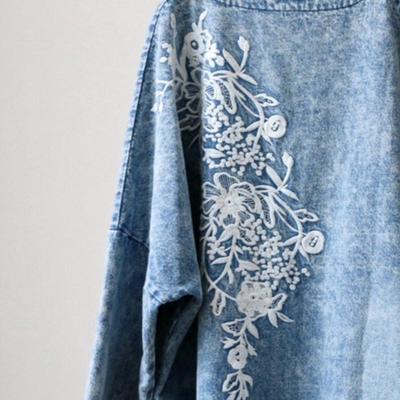Johnature Women Vintage Embroidery Floral Coats V-Neck Long Sleeve Patchwork Pockets Autumn Women Coats
