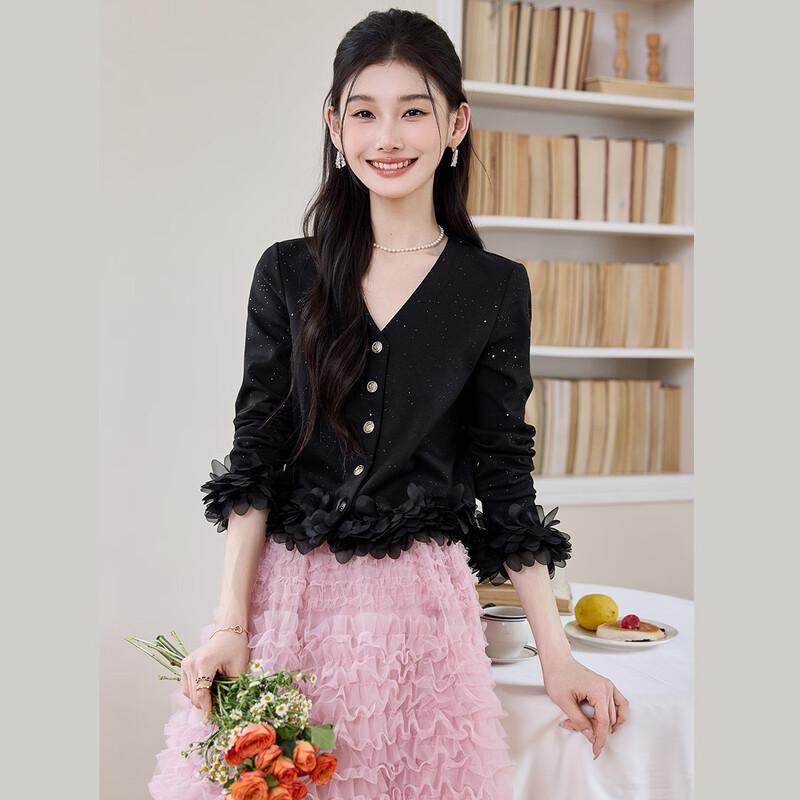 Bailuyu Elegant V-Neck 3D Floral Knit Cardigan M