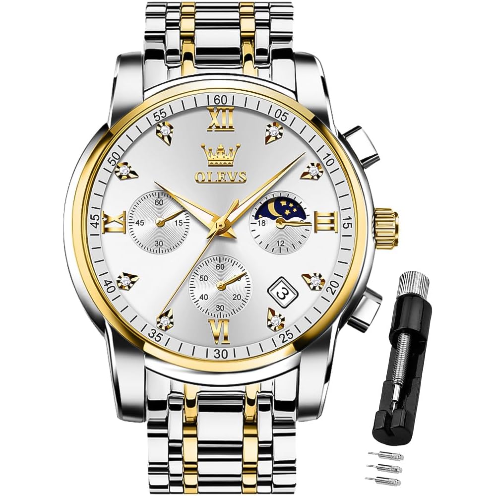 OLEVS Men s Luxury Two-Tone Analog Quartz Watch Silver Stainless Steel Waterproof Date Business Casual Timepiece