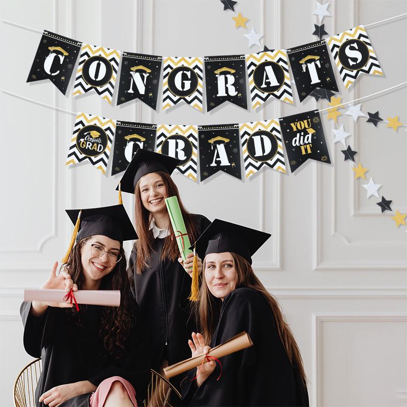 2025 Congrates Grad Banner Garland Star Paper Bunting Set Graduation Party Decoration Supplies Congratulation Garland Flags New