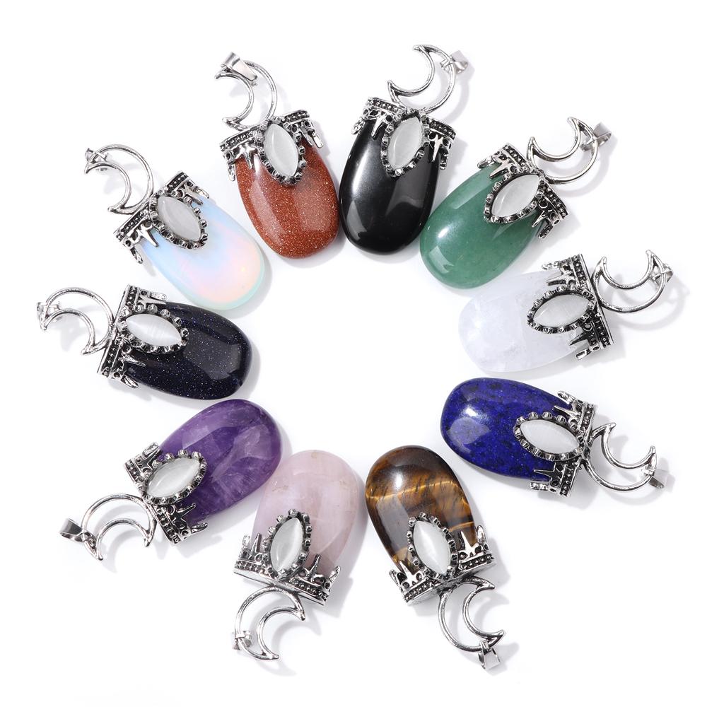 1pc Moon, tribal style pendant, natural stone,Tiger Eye,Jades,Crystal Stone Fashion Pendant Charm For Jewelry Making 26*52MM