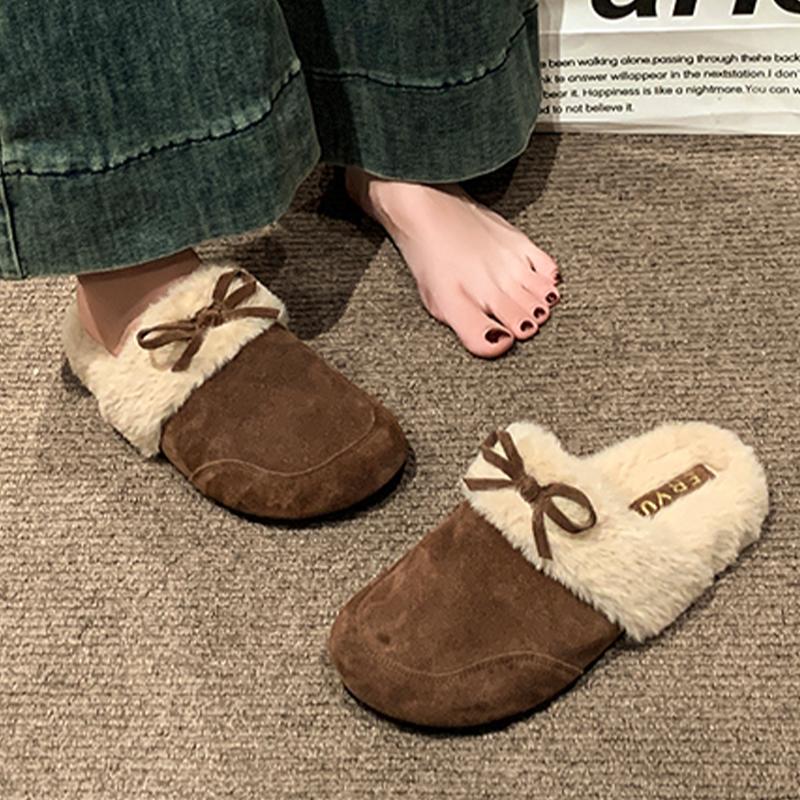 Fashion Fur Women Slippers Flats Bow Slingback Mules Shoes Fashion Dress Woman Cotton Shoes Winter 2025 New Designer Warm Mujer Botas
