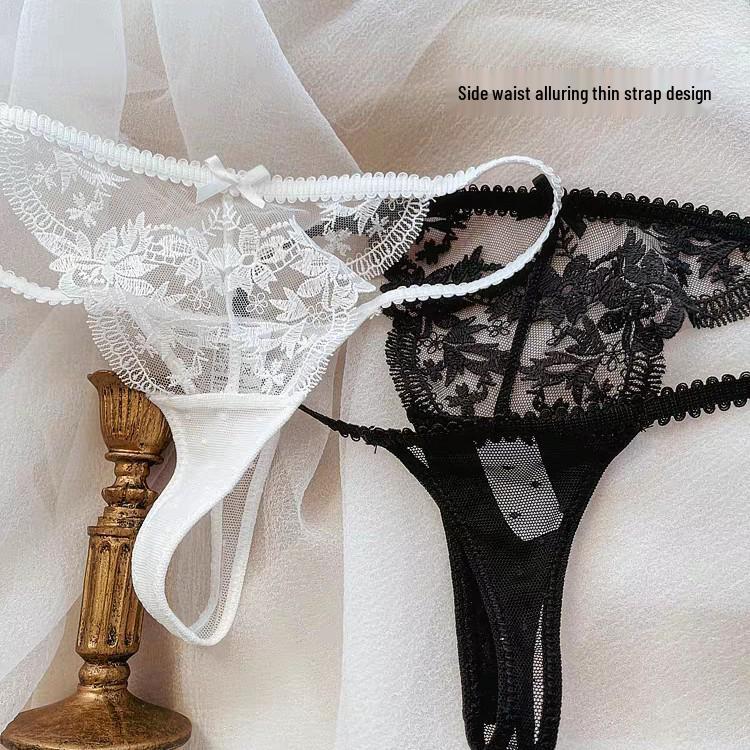 Women's French Floral Fishbone Lace Thong: Thin Straps, Luxurious Mesh, Sexy Embroidery