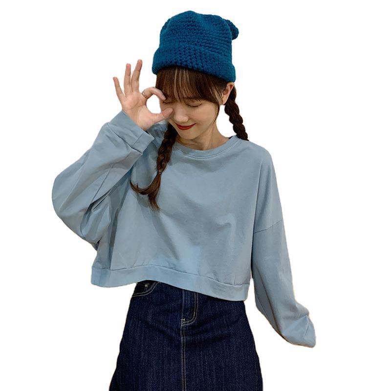 Spring and Autumn Regular Models Loose Thin Section Sweater Women Casual Short Section Round Neck Long-sleeved T-shirt Retro Versatile Sweatshirt