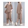 Women Summer 2 Piece Outfit Plus Size Cotton Linen Patchwork Printed Short Sleeve Top & Harem Pants Set Casual Loose Mother Clothes