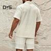 Conjunto de 2 peças de roupa de verão masculina, lapela, manga curta, botões, camisa, cintura elástica, shorts, conjunto de agasalho de cor sólida