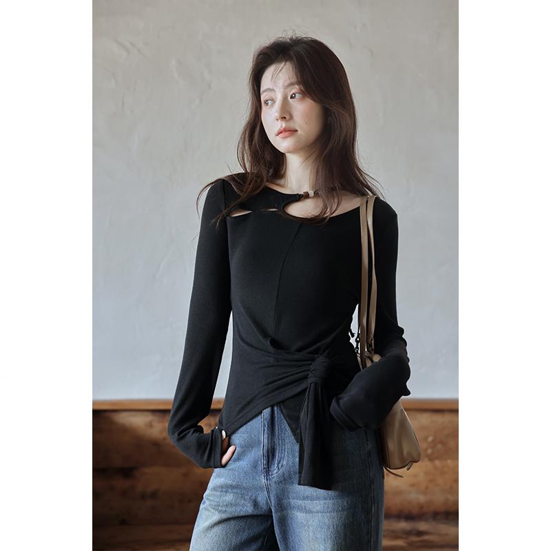 

Xi Meng 2025 Korean Style Black Slimming Long Sleeve T-Shirt Small