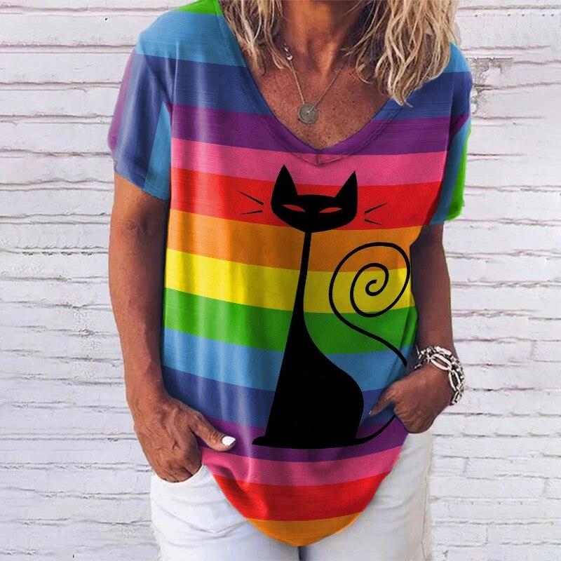 2022 sommer T Shirt Frauen Kurzarm V-ausschnitt Katze Drucken Tops Casual Streetwear Lose Damen T Größe gothic Top 5XL