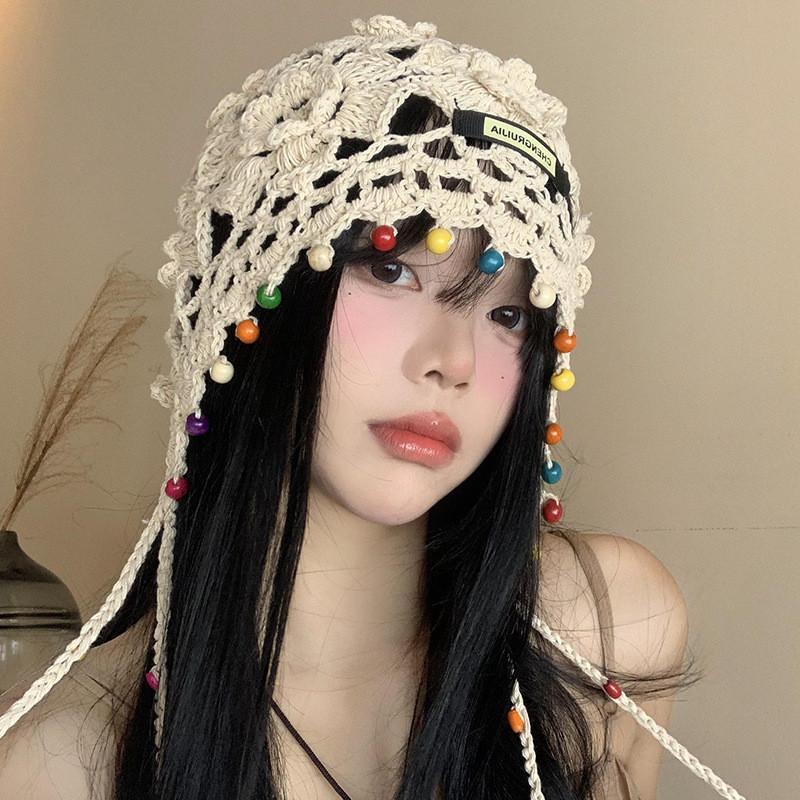 Stylish Handmade Knitted Hat For Women With Bohemian Floral Design And Tassels