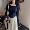 Fashion Long Sleeve Round Neck Casual T-shirt Women Elegant Spring and Winter Slim Fit Woman Tshirts Solid Base Thin Office Ladies Crop Tee Tops 26003