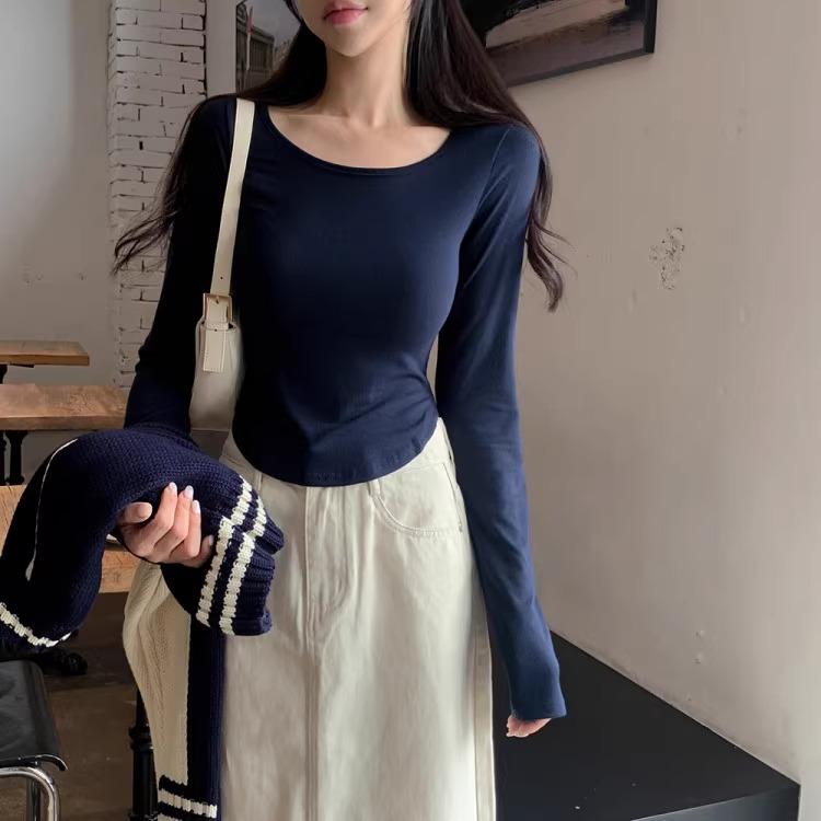 Fashion Long Sleeve Round Neck Casual T-shirt Women Elegant Spring and Winter Slim Fit Woman Tshirts Solid Base Thin Office Ladies Crop Tee Tops 26003
