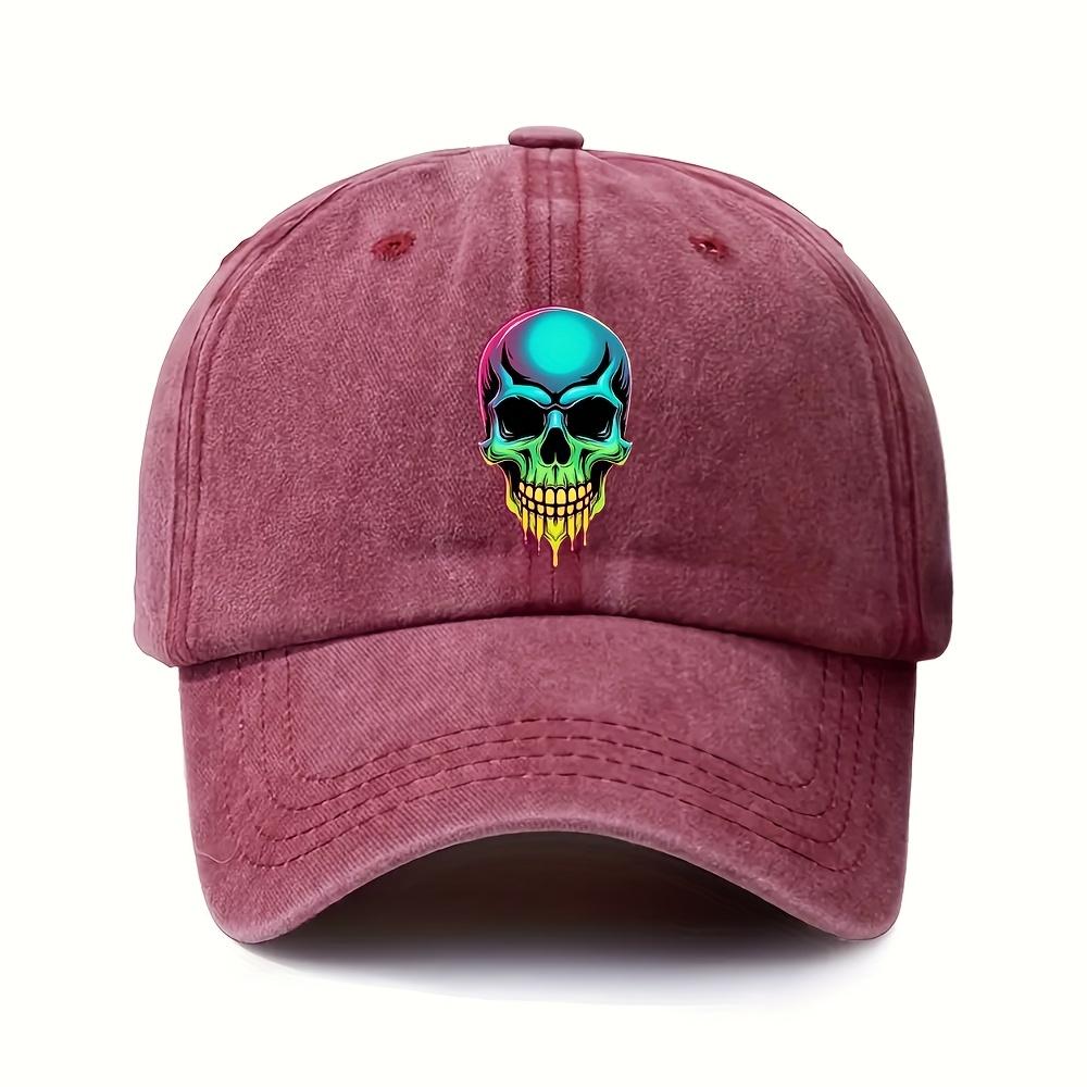 Neon Skull Print Baseball Cap Washed Denim Style Adjustable Streetwear Fashion Outdoor Casual Hat