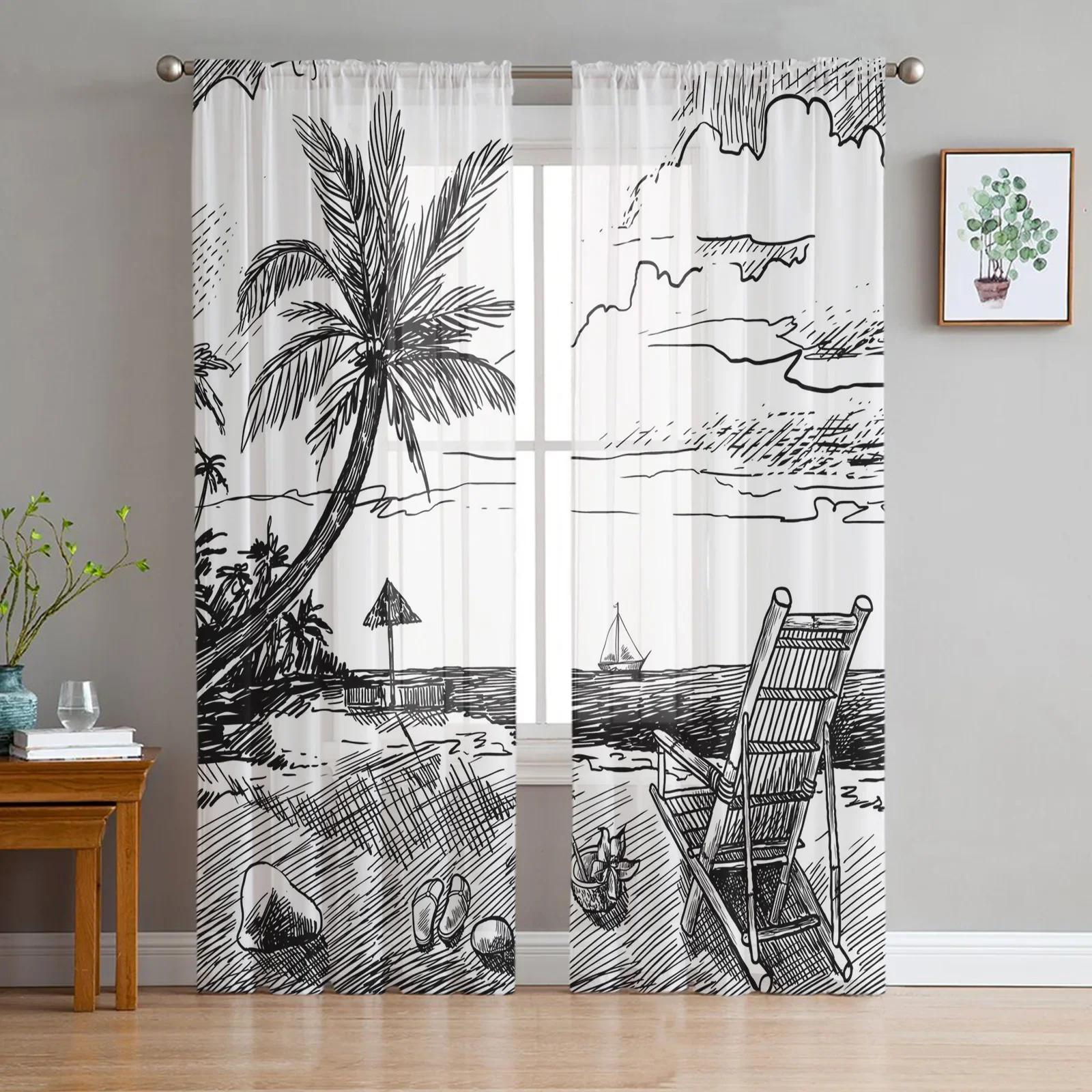 Schwarz-weißes Blumenmuster Tüll Fenstervorhänge Wohnzimmer Organza Sheer Voile Vorhang Schlafzimmer Küche Wohnkultur Drapieren W135 x H115cm x1&Grommet Top