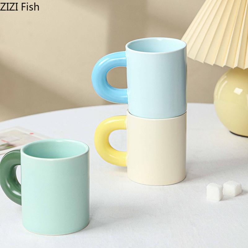 Creative Minimalism Porcelain Mugs Tableware Big Handle Water Cup Coffee Mug Dining Table Afternoon Tea Teacup Fruits Juice Cup