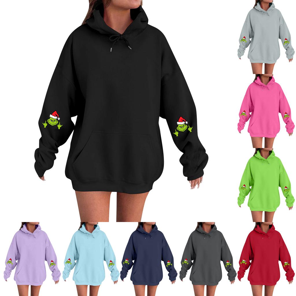 Damemote, Avslappet Og Komfortabel Genser Med Rund Hals Og Hette, Langermet Juletrykk, Varm Genser