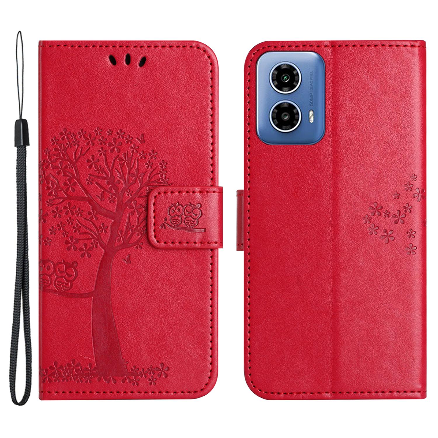 

For Motorola Moto G45 5G/G34 5G Cell Phone Case Owl Tree Imprinted Anti-Fall Leather Stand Wallet Cover D