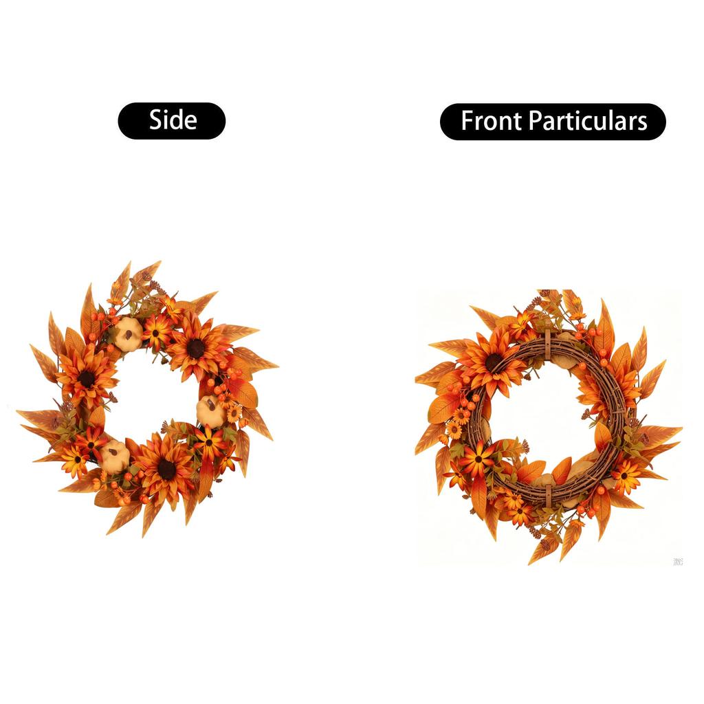 Autumn Harvest Pumpkin Wreath with Artificial Sunflowers and Daisies Home Door Hanging Decoration Fall Front Door Wreath