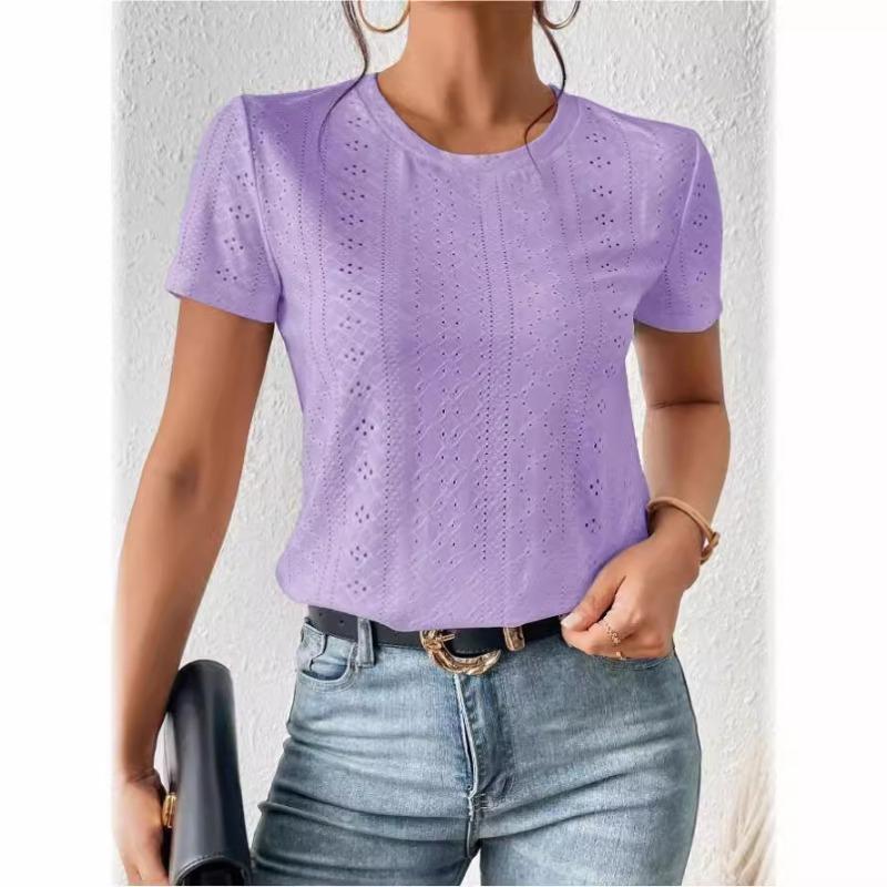 A New Summer Solid-color Short-sleeved Hollowed-out Casual T-shirt