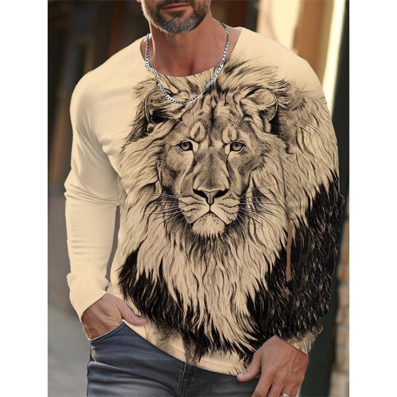 

Мужская футболка с рисунком льва, с круглым вырезом, коричневая, 3D-печать, для улицы, повседневная, с длинными рукавами, дизайнерская одежда S