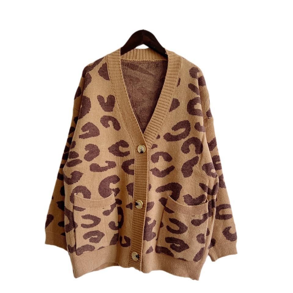 Autumn and Winter New Loose Casual Leopard Print Single Breasted Long Sleeved V-neck Knitted Sweater Jacket 3539 KTB