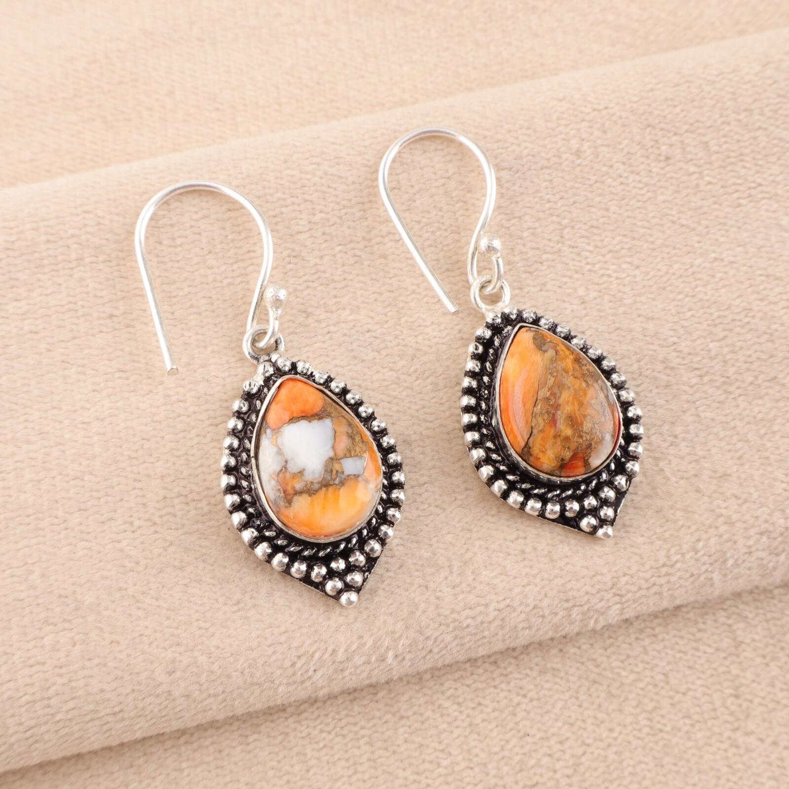 

Natural Orange Copper Turquoise Gemstone 925 Solid Silver Jewelry Earrings 1.6 EE-164-46