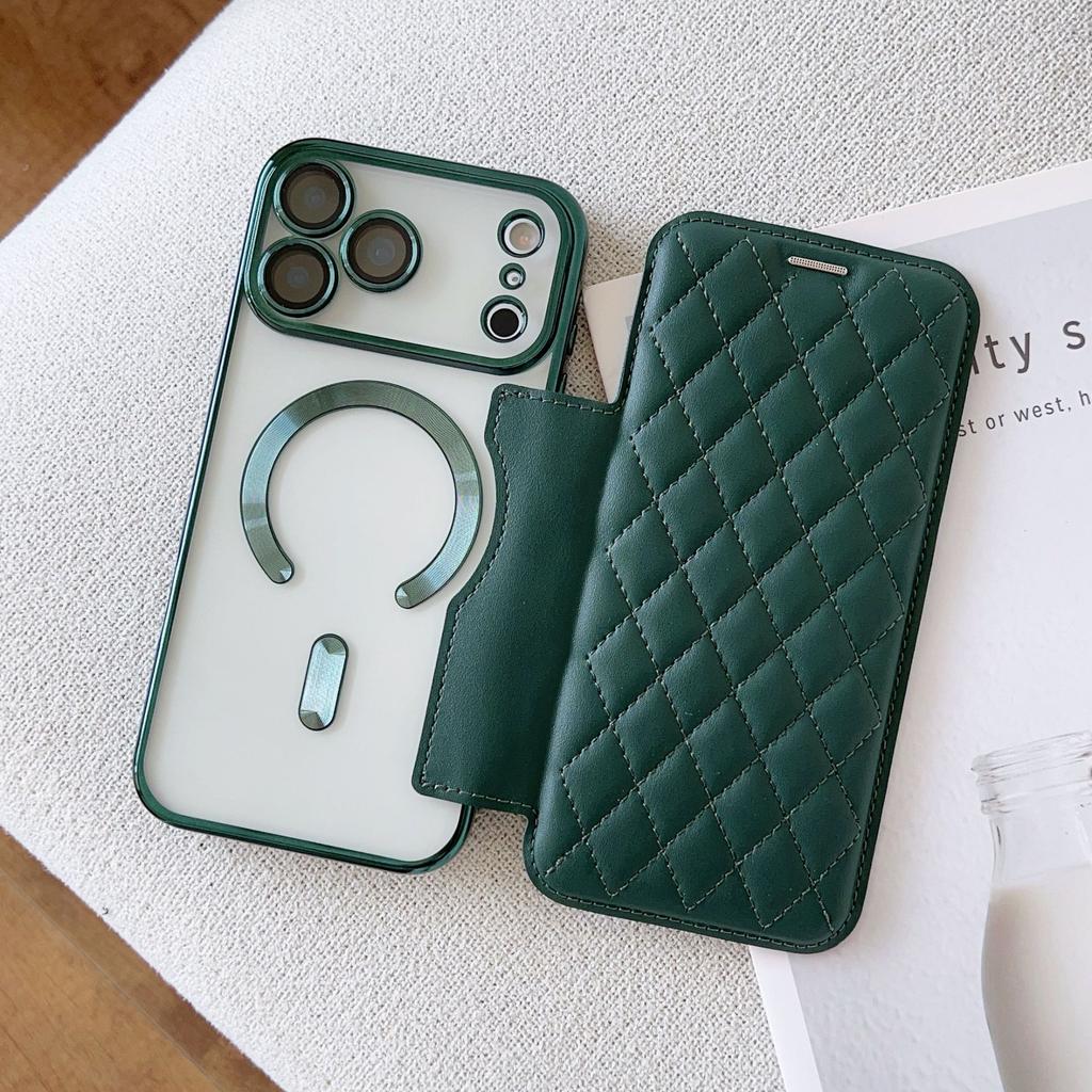 Applicable To iPhone17 Magnetic Mobile Phone Case Rhombus Flip Card Leather Case 17pro Electroplating 17 Anti-drop Protective Case