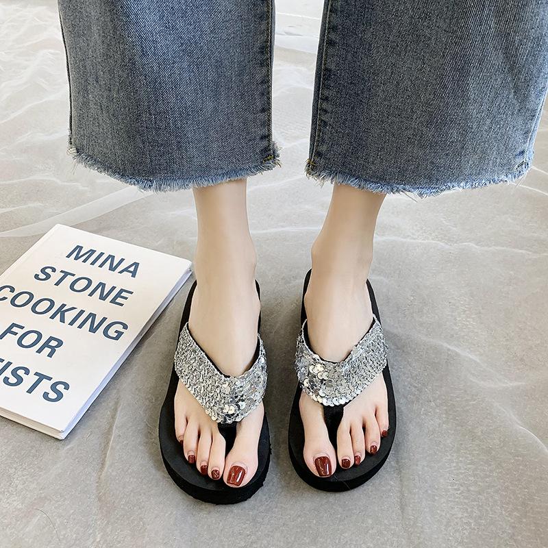 Glitzer, Zehensandalen, Damen, Keilabsatz, Dicke Sohle, Hausschuhe, Strandschuhe, Pantoletten, Glänzend, Damenpantoletten