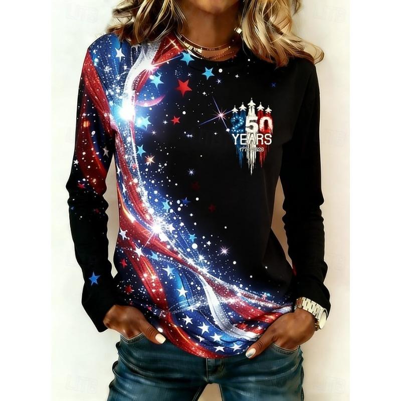 

Women s T Shirt Print Graphic Flag American Flag Stylish Classic Casual Long Sleeve Crew Neck Regular Tops S