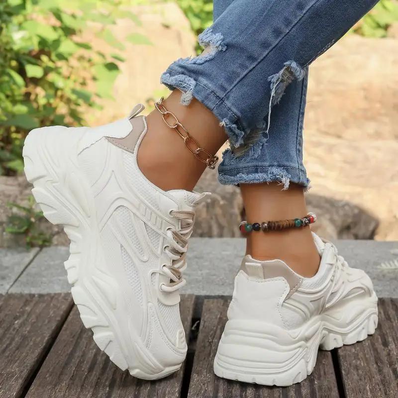 Mode Atmungsaktive Mesh Schnür-Sneakers Damen 2025 Herbst Runde Zehen Dicke Sohle Sneakers Komfort Weiche Sohle Rutschfest Laufschuhe