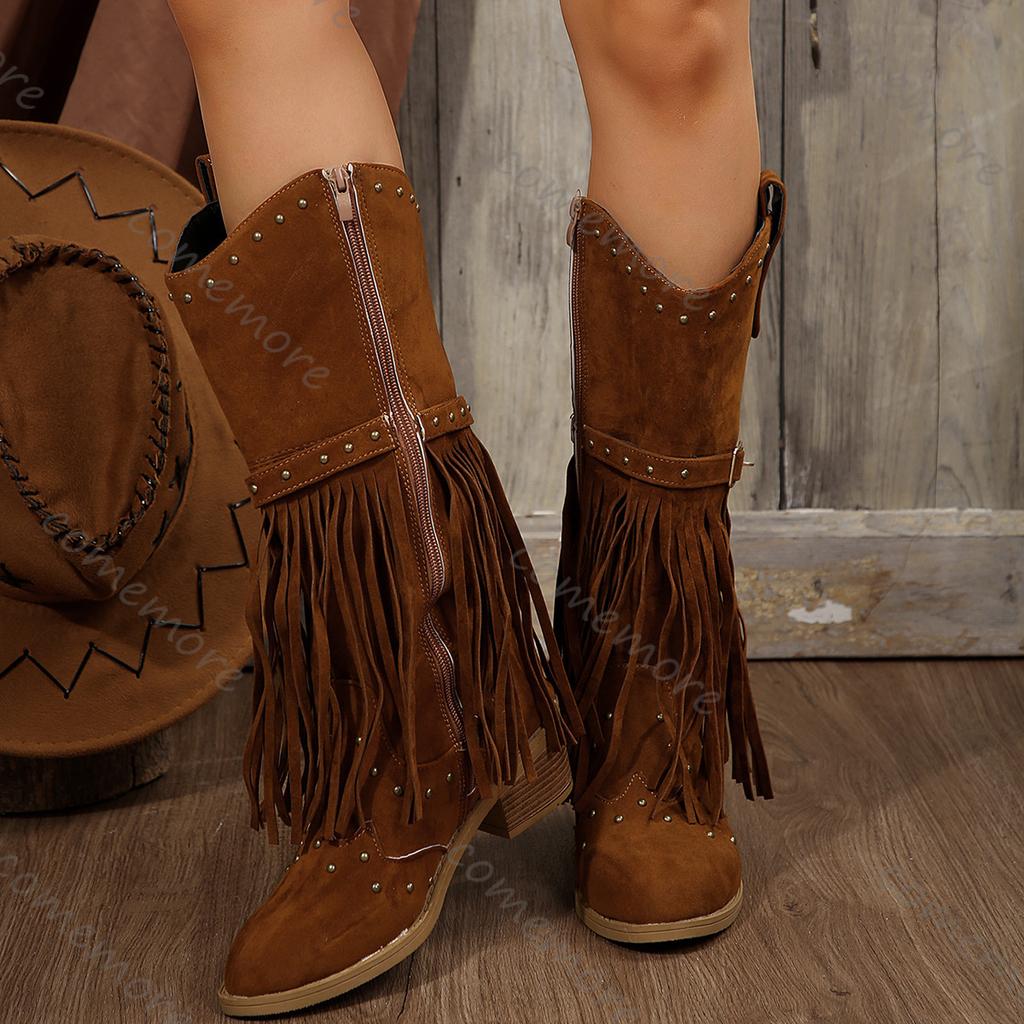 Fashion Comemore Autumn Winter Women High Boots Suede Pointed Toe Outdoor Fashion Retro Style Tassel Rivets Belt Buckle Mid-calf Boots