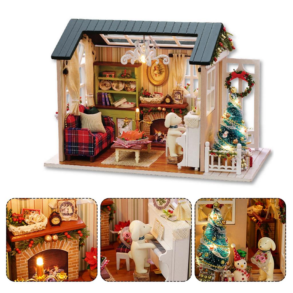 Miniature Wooden House Model with LED Light, Retro   Furniture Handcraft Kit for Developing