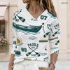 Women Plus Size Asymmetric V Neck Button Decor Long Sleeve Top White Basketball Print