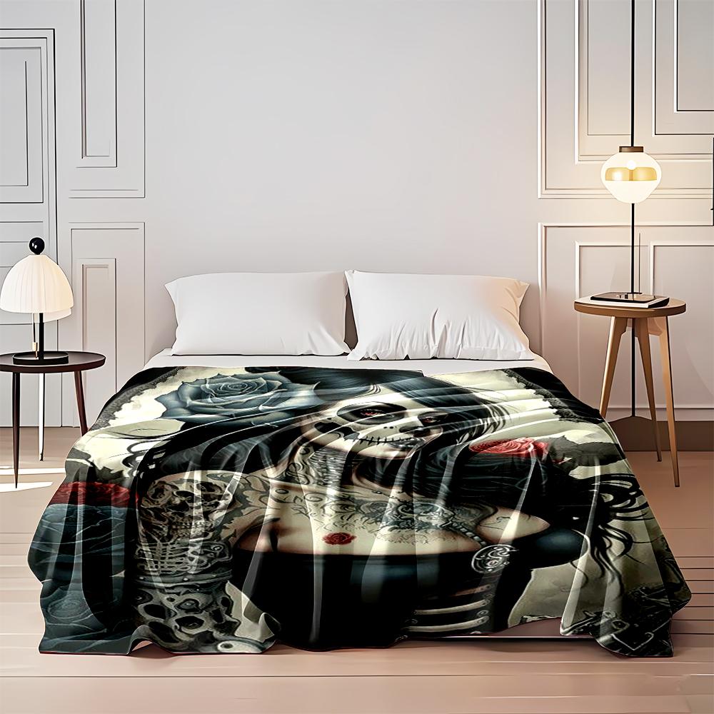 "Dark Skull Lady with Roses Art Blanket" Flannel blanket for bedroom, living room, sofa, and nap sofas.