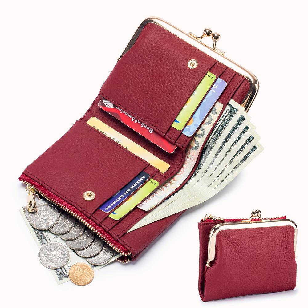 Womens Kiss Lock Wallet Small Genuine Leather Kiss Clasp Coin Purse Card Holder Bifold Clutch Wallet for Women with Metal Frame