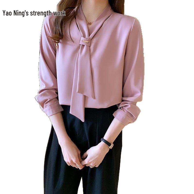 2025 Spring Korean Style White Chiffon Blouse with Bowknot - Women's Long Sleeve Professional Top