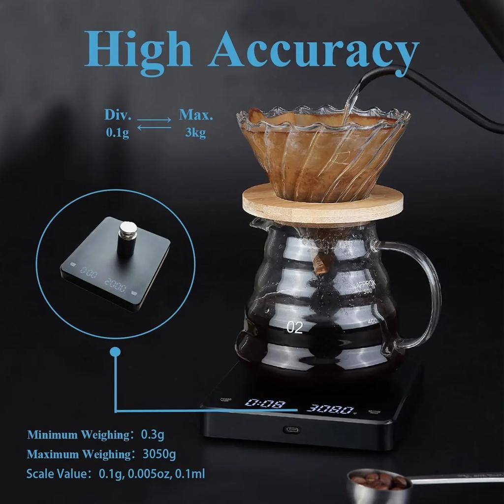 EXSX Digital Coffee Scale with Timer, 3KG/0.1g(ml/oz) High Precision, Auto Tare Function,USB Rechargeable Scale with LED Display