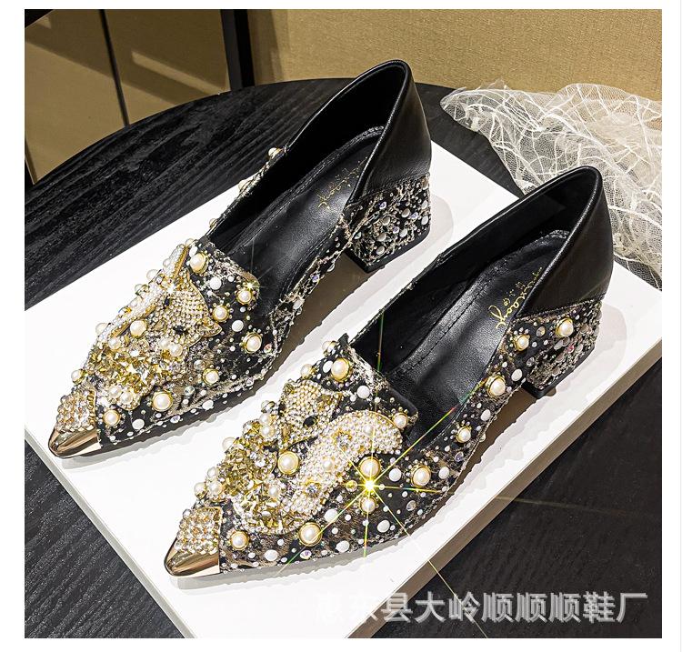 Mocassins Pointus Strass pour Femmes Élégant Tempérament Chaussures Simples Fait Main Talons Hauts Talons Épais Chaussures pour Femmes Zapatos Mujer