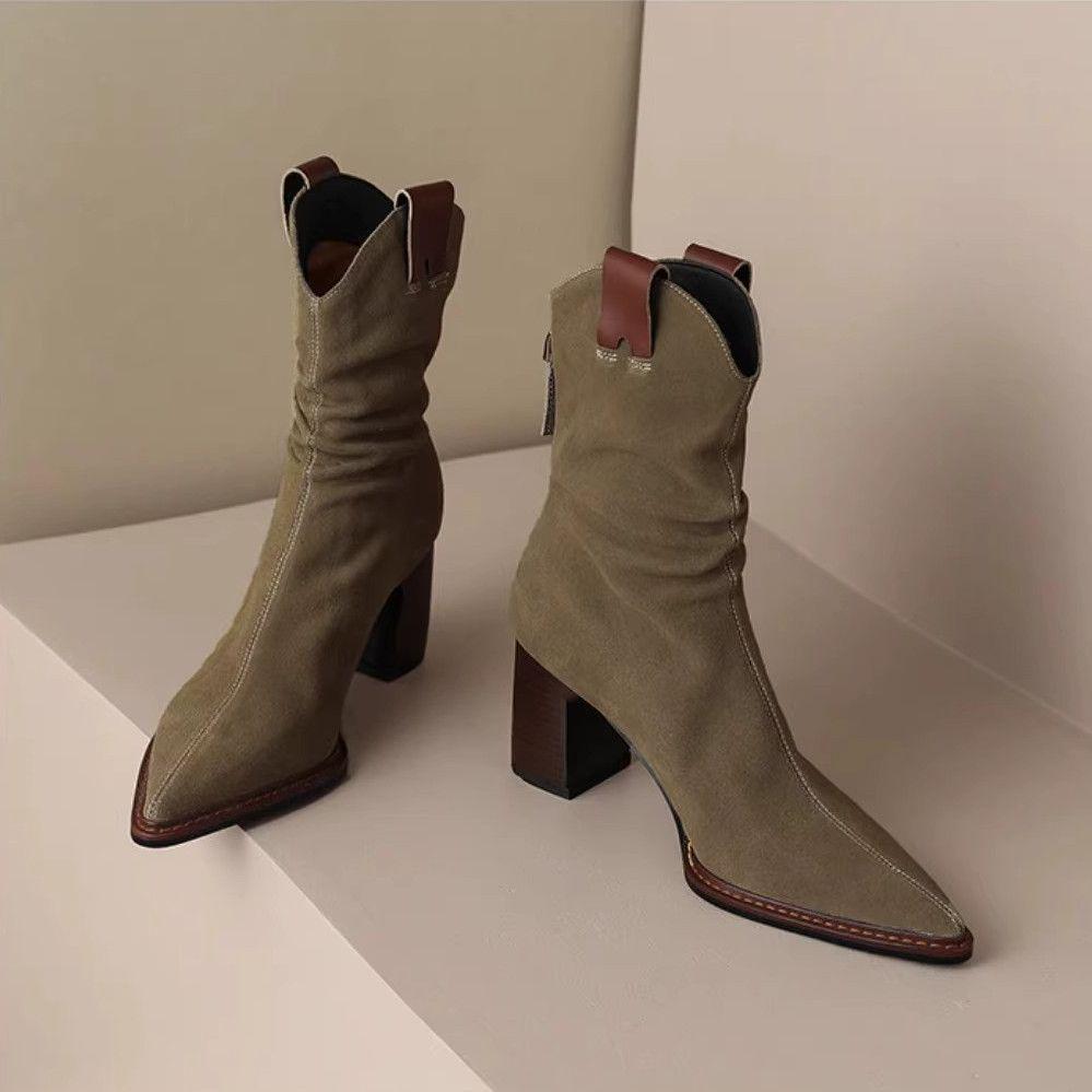 Women's Black Suede Pointed Toe Chunky Heel Ankle Boots with Back Zipper - Versatile Autumn/Winter Western Style.