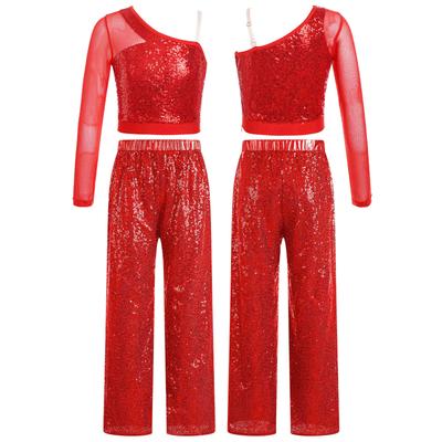 Meisjes Glanzende Dansoutfit Transparante Mesh Lange Mouw Eén Schouder Croptop