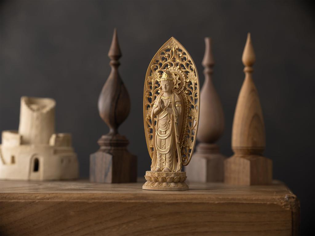 Miniature Kannon Buddhist wood ornament Gasshokannon Buddha, Bodhisattva, 12.5cm (wood boxwood, gold-dust finish) - Seikannon, statue, figure,