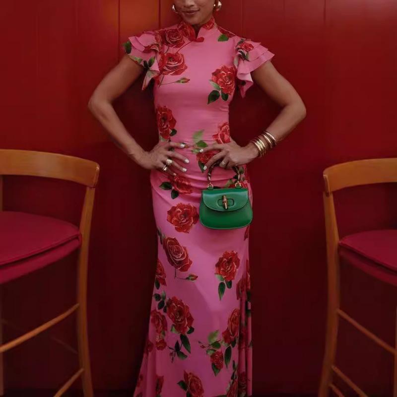 European and American women s clothing new sleeveless casual printed dress national style new Chinese cheongsam S красный