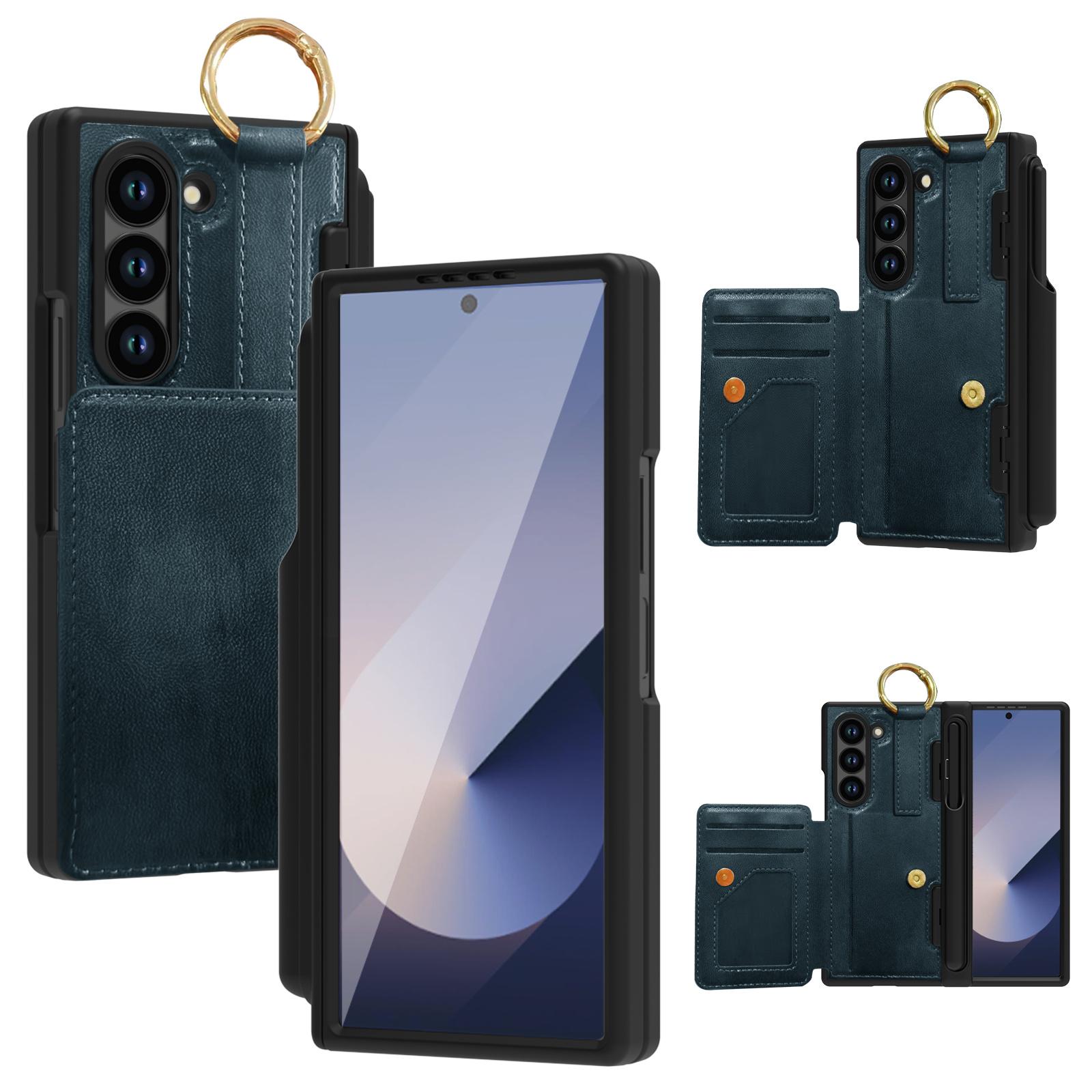 

For Samsung Galaxy Z Fold6 5G Case with Glass Film Ring Holder Card Slot Full Protection PU+PC Phone Cover Blue