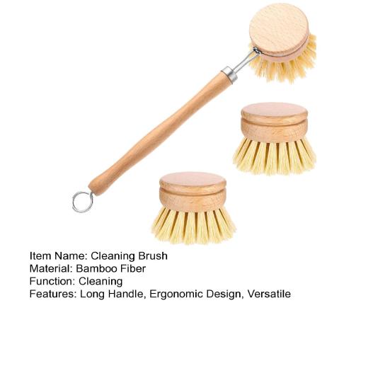 Bamboo Dish Brush Long Handle Medium-Hard Bristles Ergonomic Natural Dish Scrubber with 2 Replacement