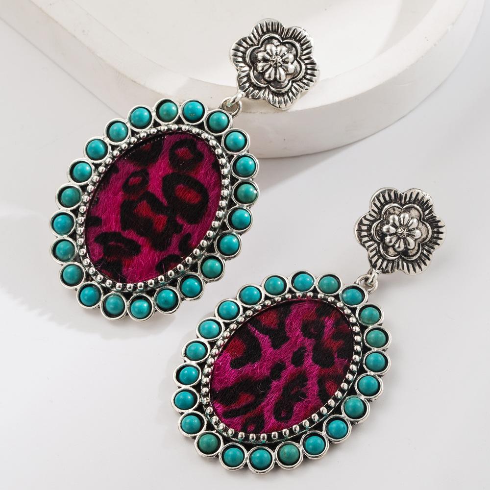 Ethnic style earrings retro court style with turquoise leopard print leather exaggerated personality earrings