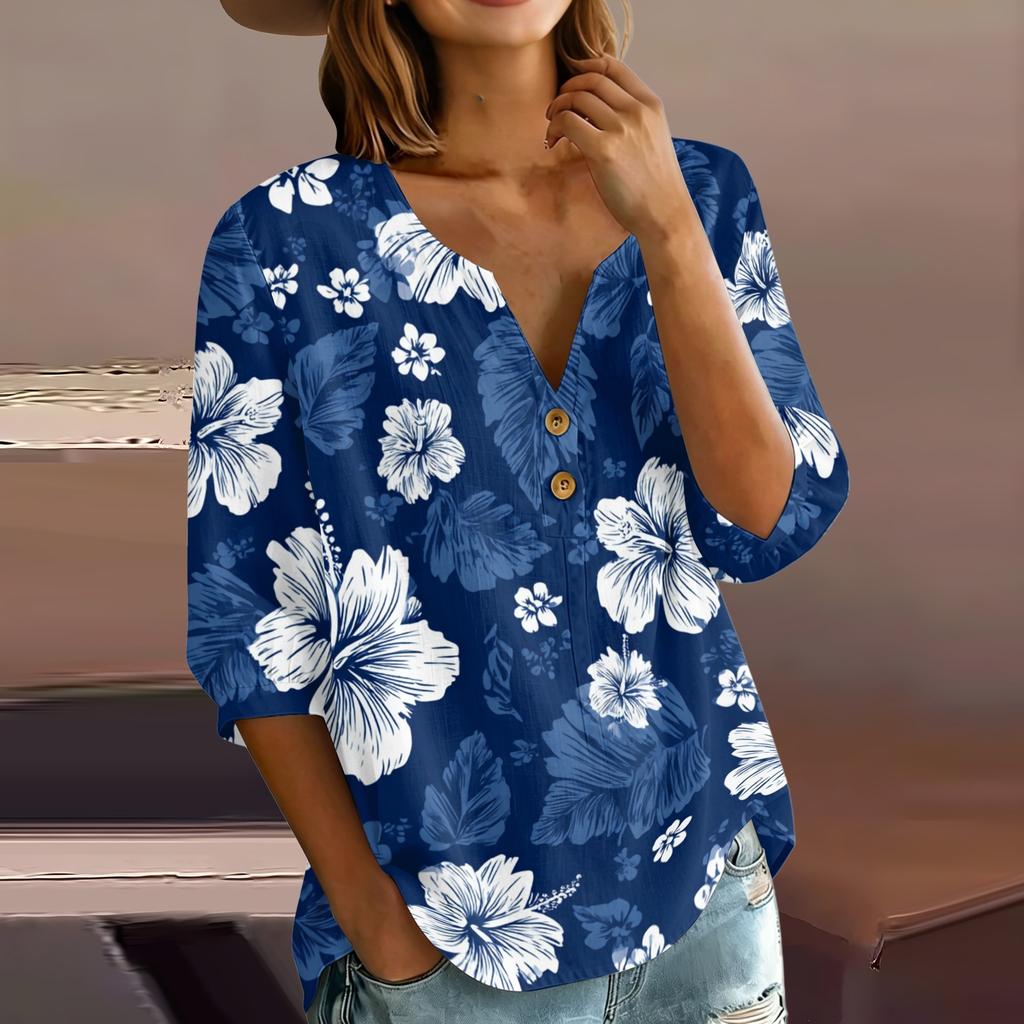 Women’s Casual Floral Print Henley Neck 3/4 Sleeve Cotton Linen Shirt with Button Front Loose Fit Blouse for Spring Summer Wear