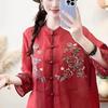 Female Summer Embroidered Lightweight Shirt: Boho-Chic, Retro, Ethnic-Style, Stand-Up Collar, Double-Breasted Blouse